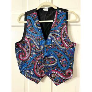 Vintage 90s Paisley Satin Vest Waistcoat Size Medium Blue Pink